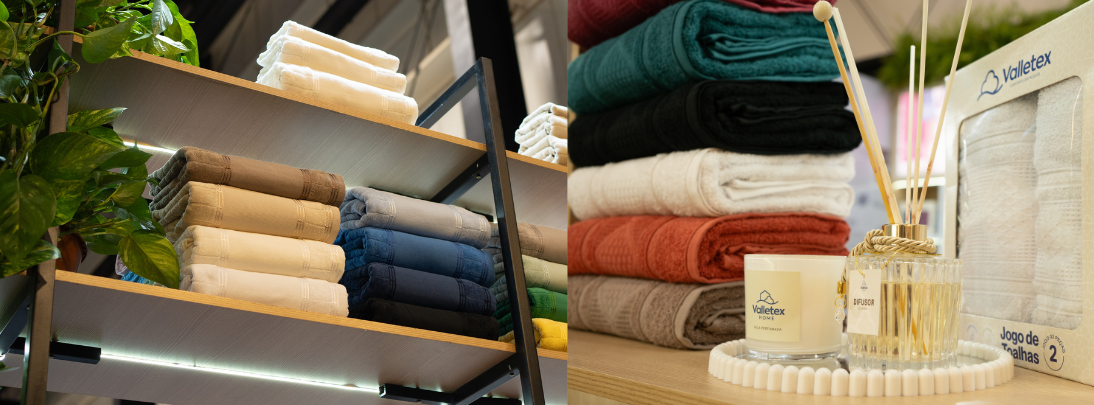 Vitrine masculina de toalhas para Dia dos Pais com banhões e kits em tons sóbrios.